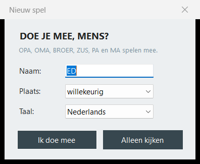 Het startvenster. De taal staat de eerste keer op de instelling van Windows; verander je hem hier, dan onthoudt het spel dat.