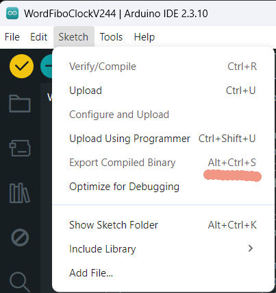 Sketch menu in Arduino IDE met Export Compiled Binary