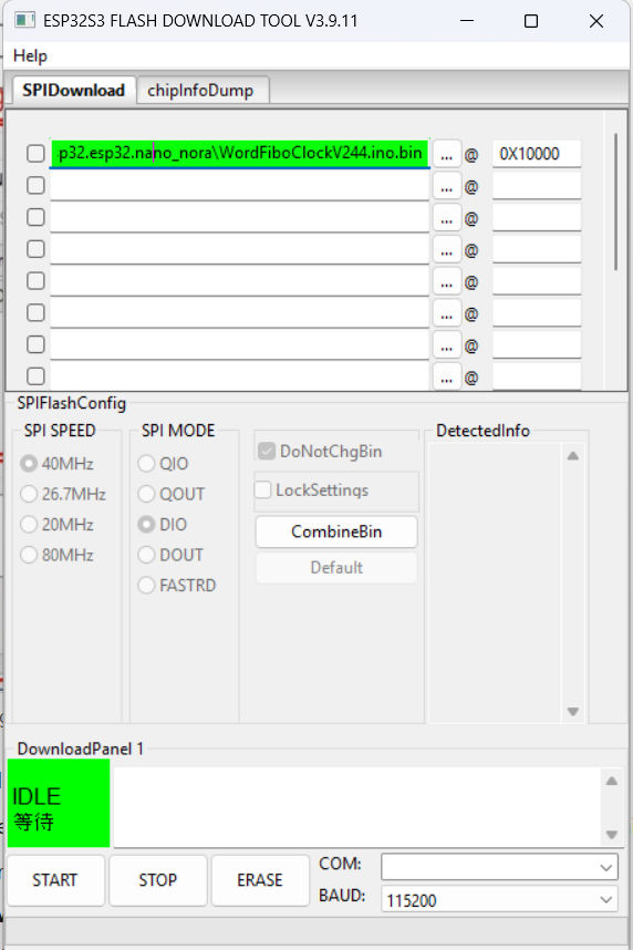 SPIDownload tabblad met één bin-bestand op adres 0x10000
