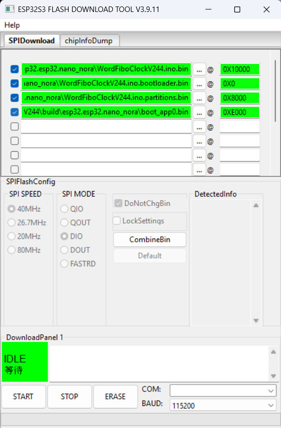 Flash Download Tool - vier bin-bestanden geladen op de juiste adressen
