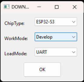Flash Download Tool - eerste scherm met ChipType, WorkMode en LoadMode